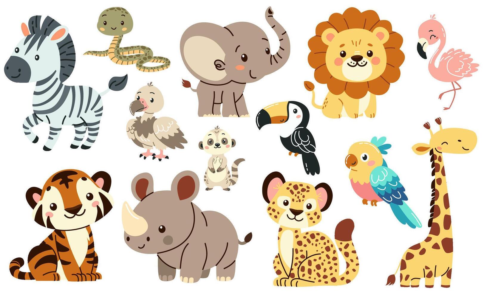 Set of flat illustrations in children's style of savannah animals. Cute rhinoceros lemur lion flamingo toucan vulture vulture snake zebra parrot tiger giraffe leopard cheetah vector