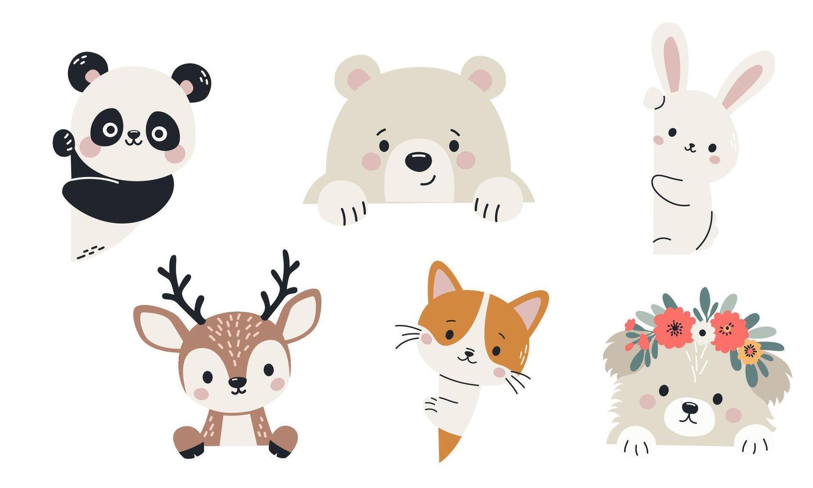 Set of flat illustrations in children's style. Cute animals peeking out from behind banners, space for your text. Bear dog dog hare hare deer cat panda vector