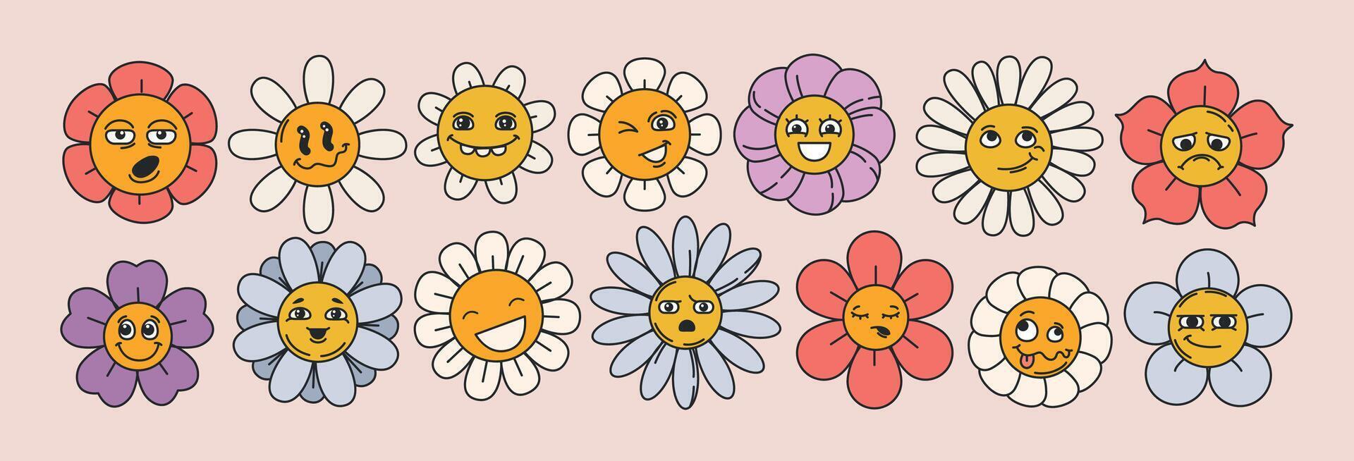 groovy daisy flowers set with funny smiling faces. Funky flower characters with emotions. Cute bloom chamomile in trendy retro groovy style. Hippie floral sticker pack, trippy plants with eyes. vector