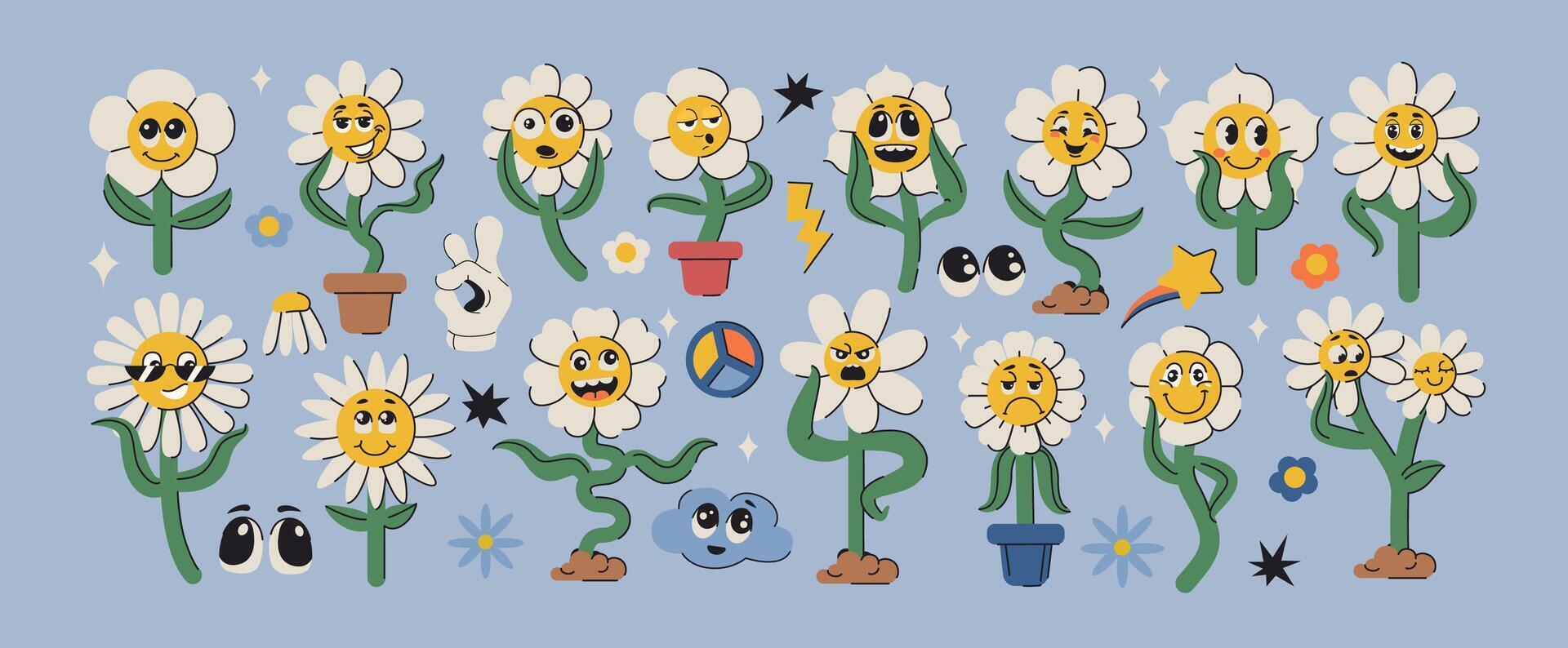 Set of groovy daisy flowers face. Funky flower characters, cute chamomiles in pot. Hippie floral stickers in trendy psychedelic retro y2k style. Trippy garden plants with different facial expressions. vector