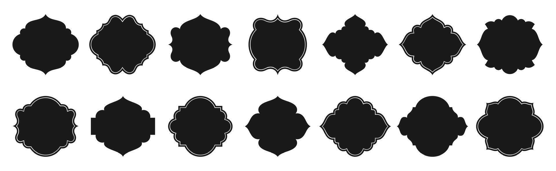 Islamic window set. Black silhouette of arabic design elements or decor in oriental style. Muslim architecture frames in different shapes for Ramadan. mosque arches isolated on white background vector