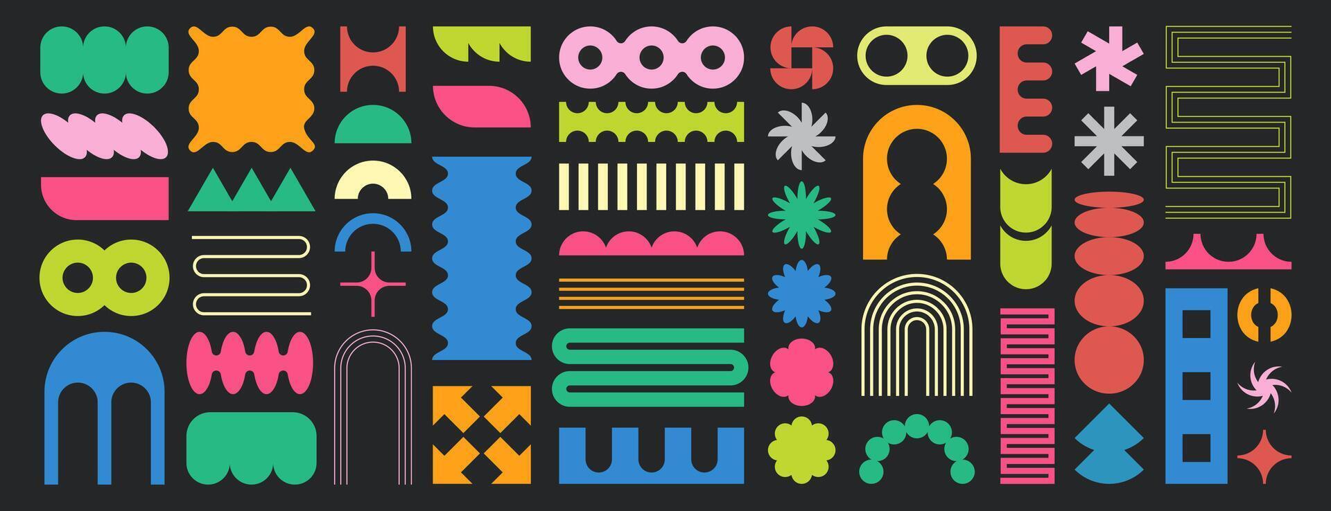 Set of simple abstract geometric shapes. Various brutal modern contemporary figures in y2k aesthetic style. Decorative different forms and stickers in vibrant colors. Bauhaus emphasis design elements. vector