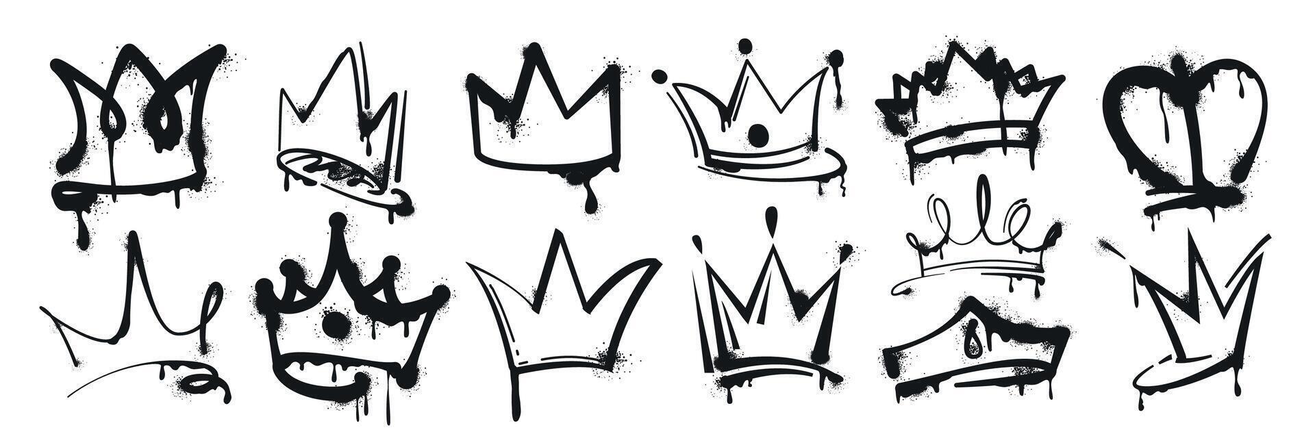 set of spray paint crown. Black graffiti drawing king, queen or prince crowns. Hand drawn princess tiara, diadem with ink splatters and drips. Royal head accessories in grunge street art style. vector