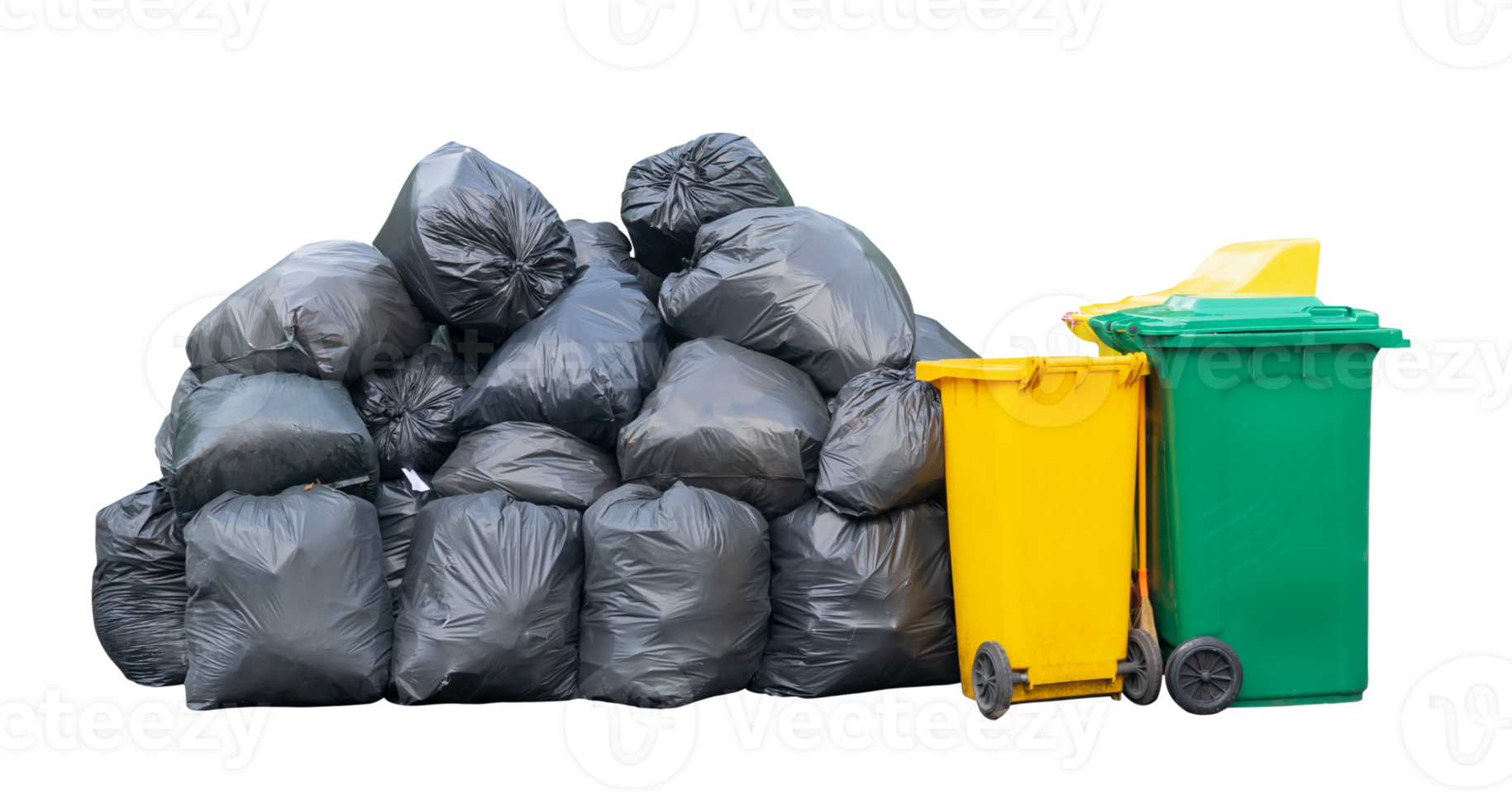 Front view of giant stack of garbage in black plastic bag with wheeled plastic bin or can isolated with clipping path in file format png