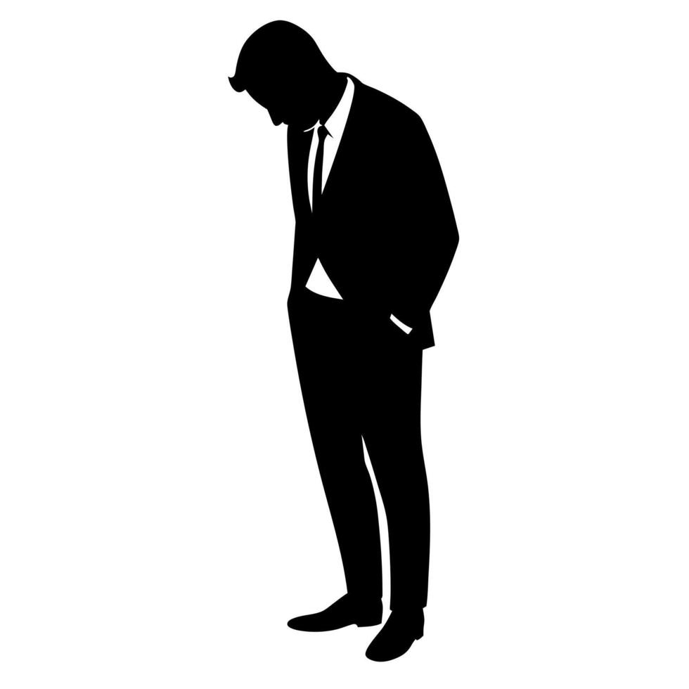 a business man standing with sad mode black color silhouette vector