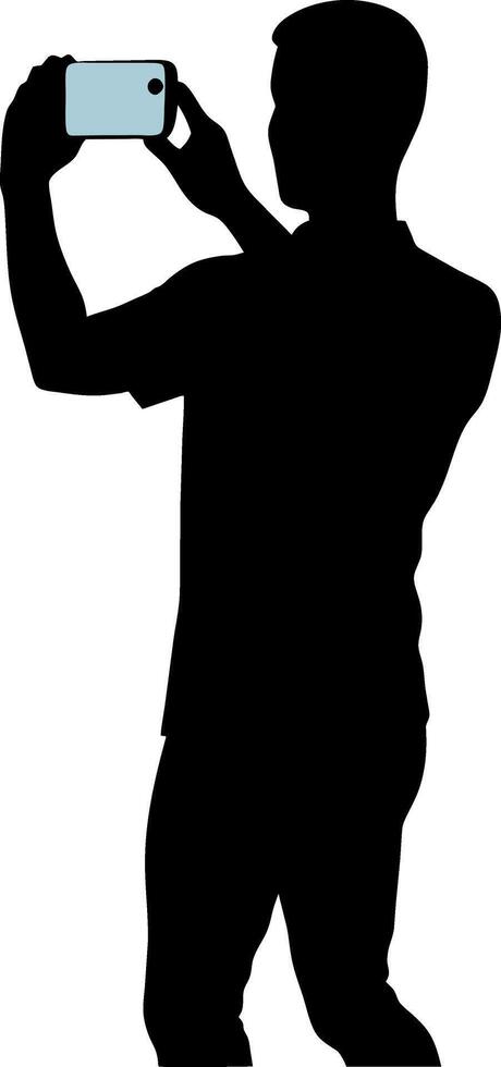 a man taking picture with mobile phone black color silhouette, white background vector