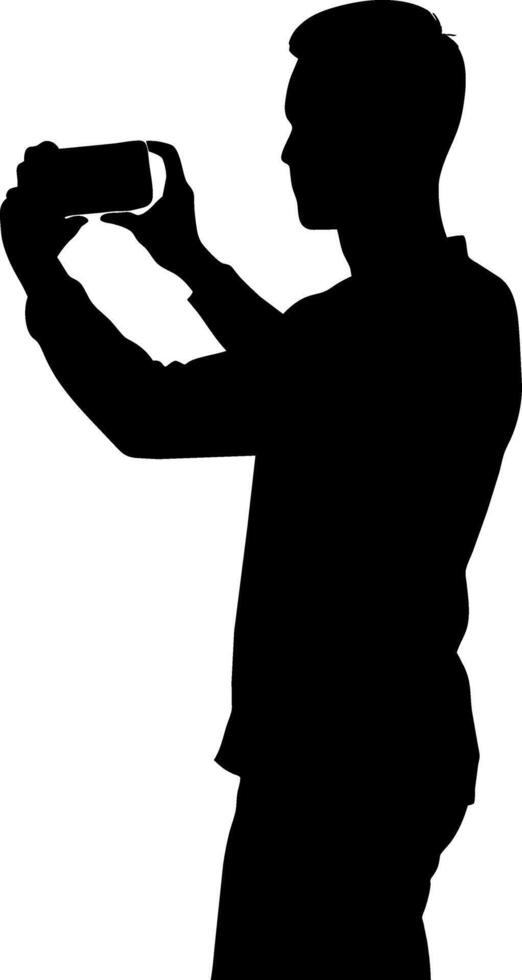 a man taking picture with mobile phone black color silhouette, white background vector
