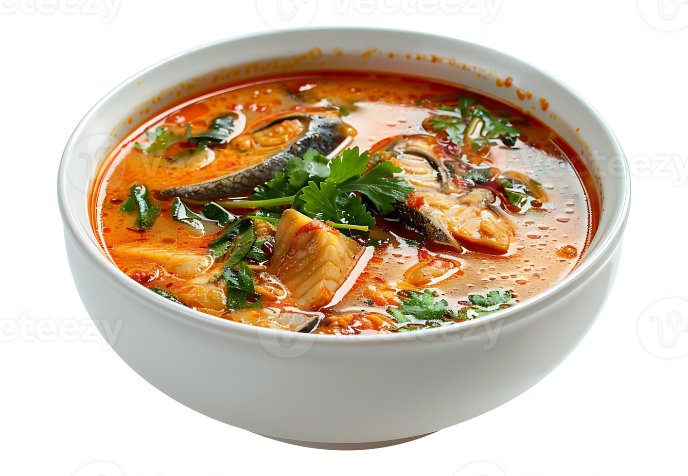 Flavorful soup in a ceramic bowl on a transparent background png