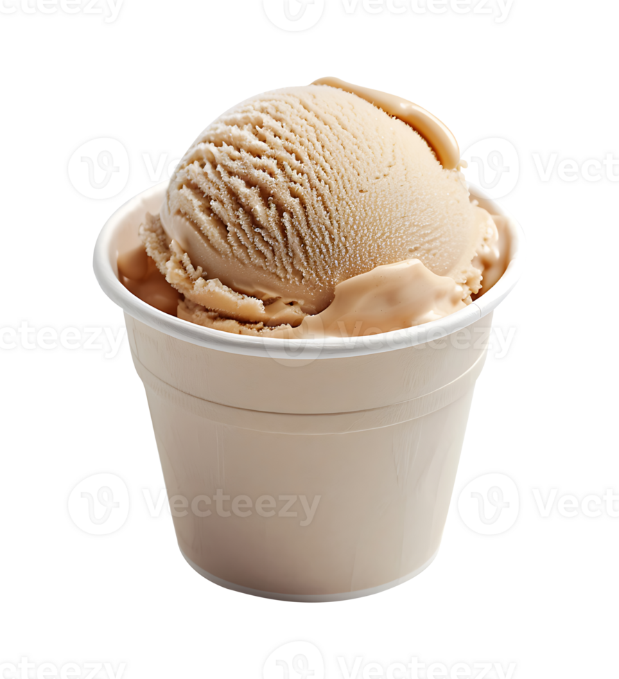 Salted Caramel ice cream scoop on blank empty paper cup png