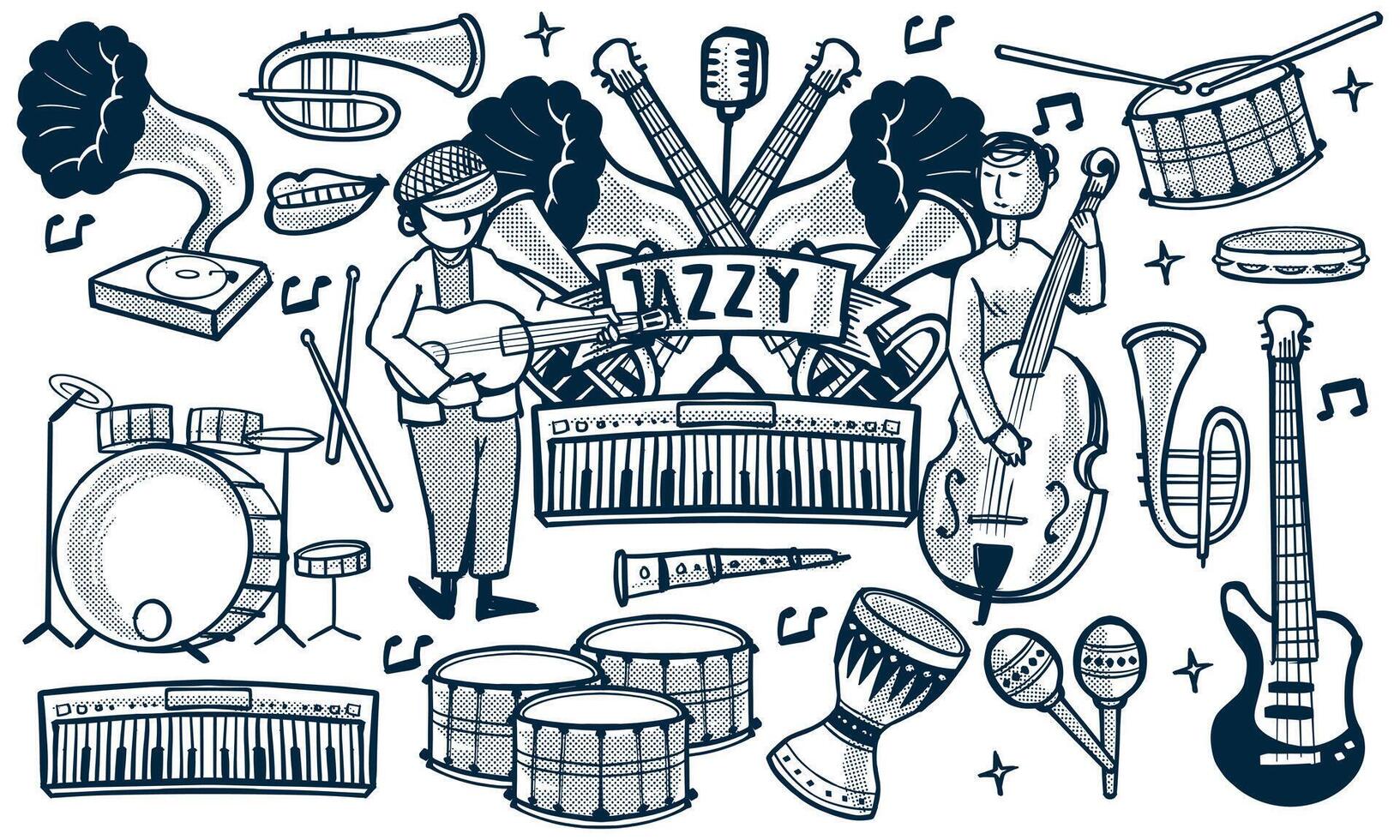 hand drawn set of jazz music doodle set. music instruments in doodle isolated on white background. vector