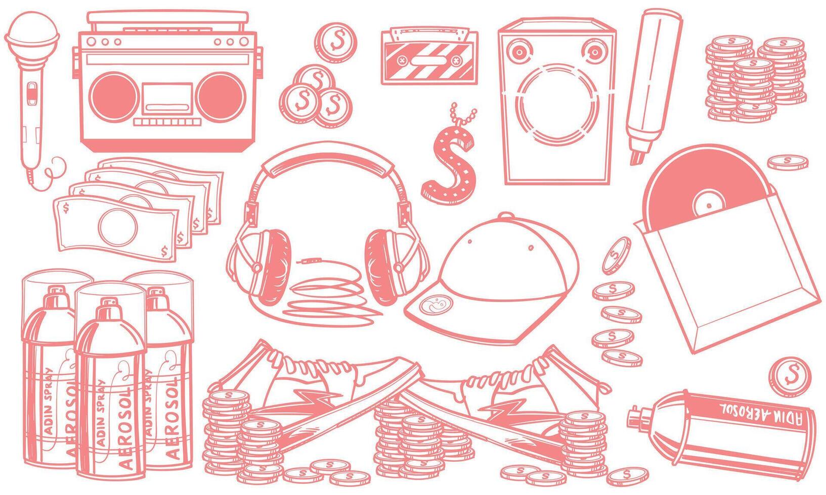 Pink hand drawn set of rap music doodle set. music instruments isolated on white background. vector