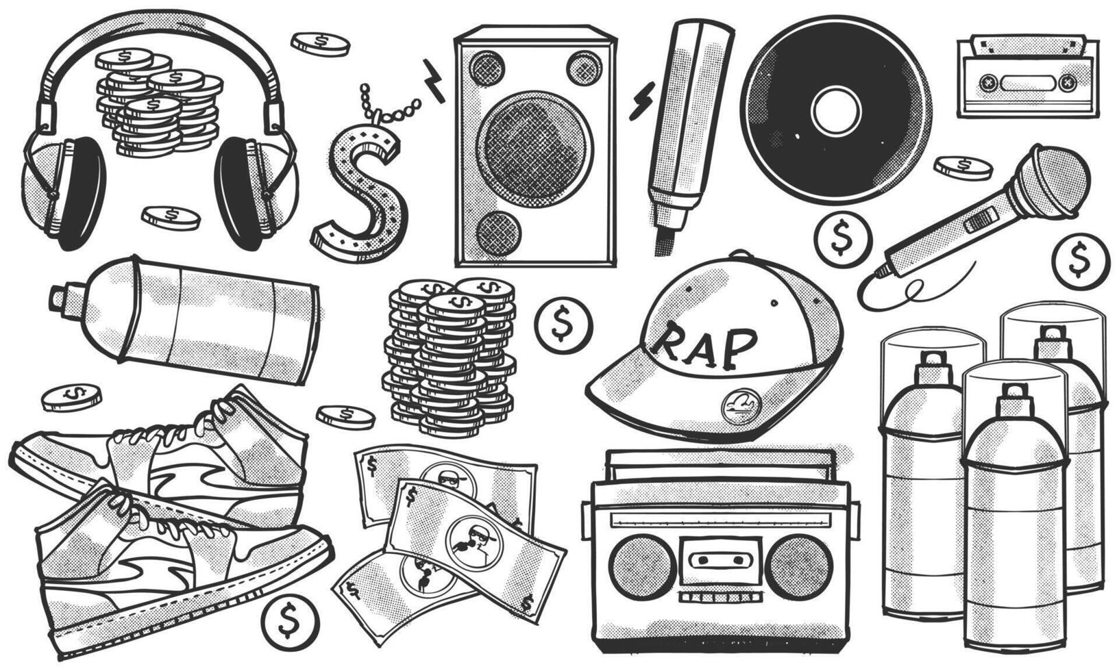 Black and white hand drawn set of rap music instruments in doodle style isolated on white background vector