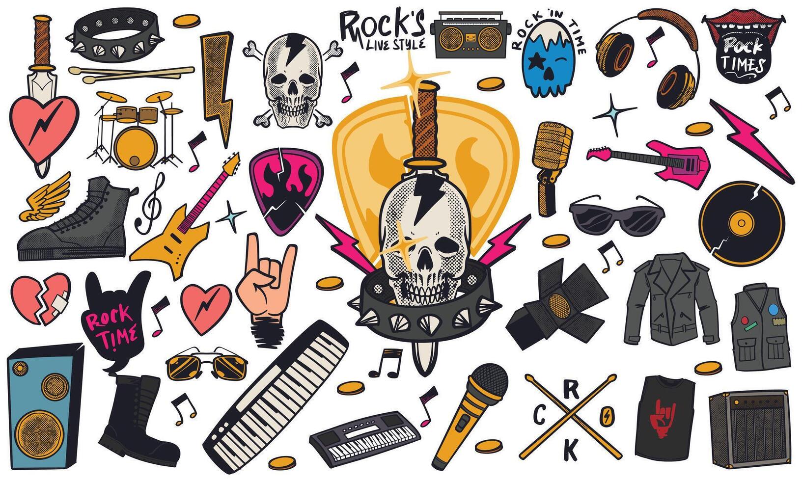 Hand drawn set of rock music doodle music instruments in doodle style isolated on white background. vector
