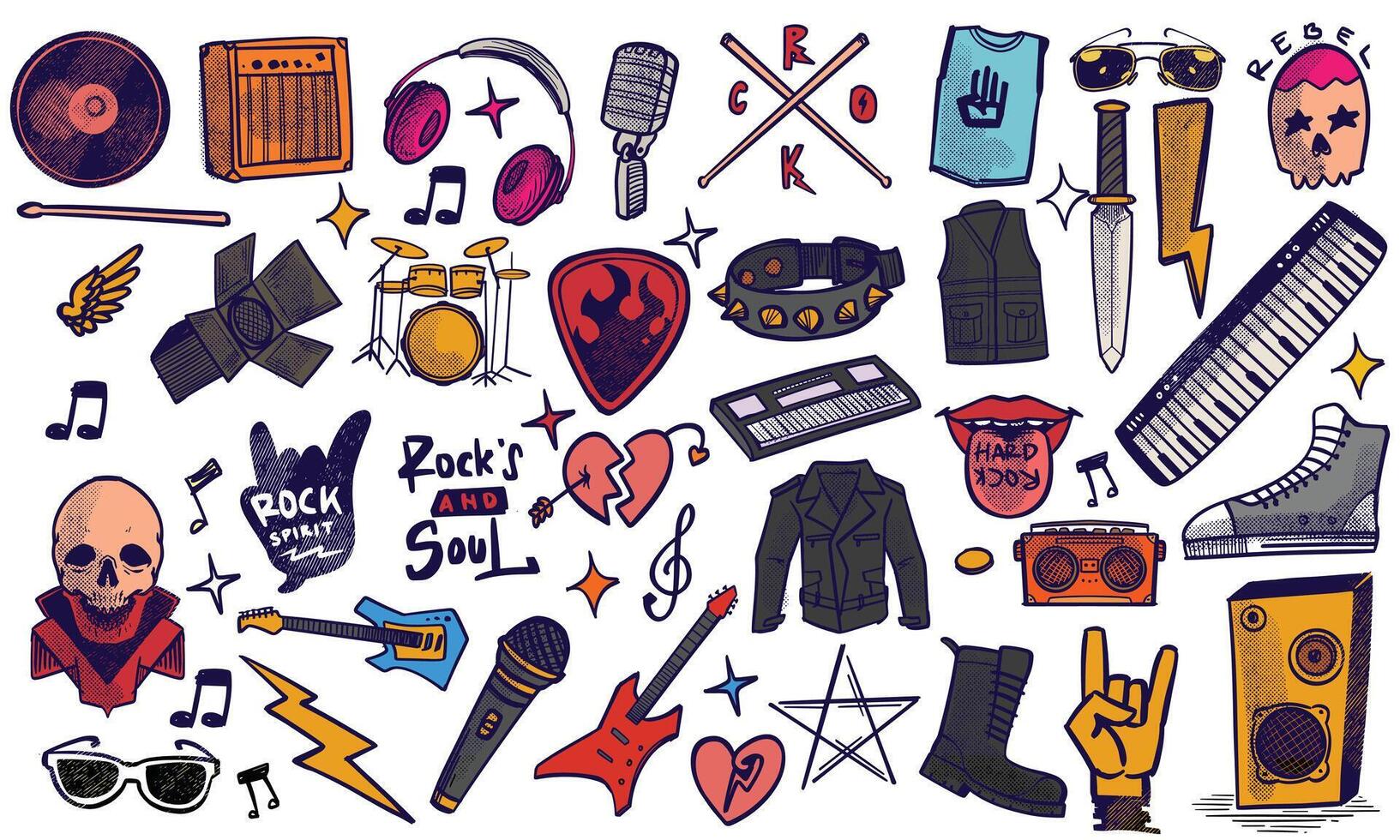 Hand drawn set of rock music doodle music instruments in doodle style isolated on white background. vector
