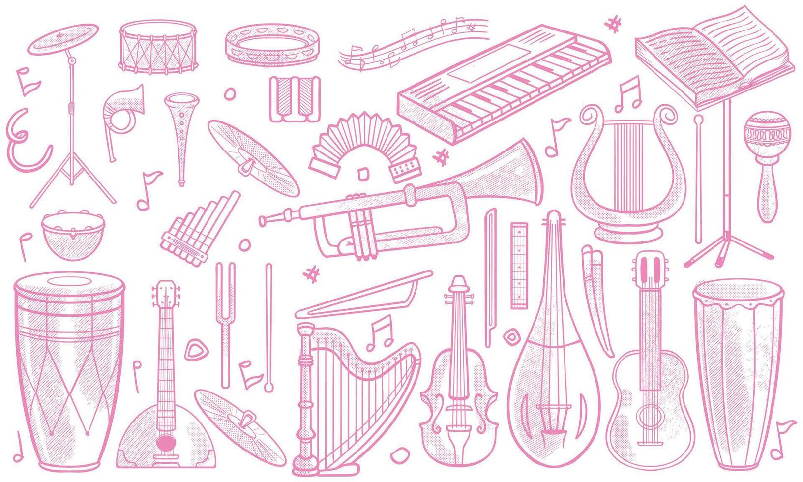 Pink hand drawn set of classic and jazz music instruments in doodle style on white background. vector