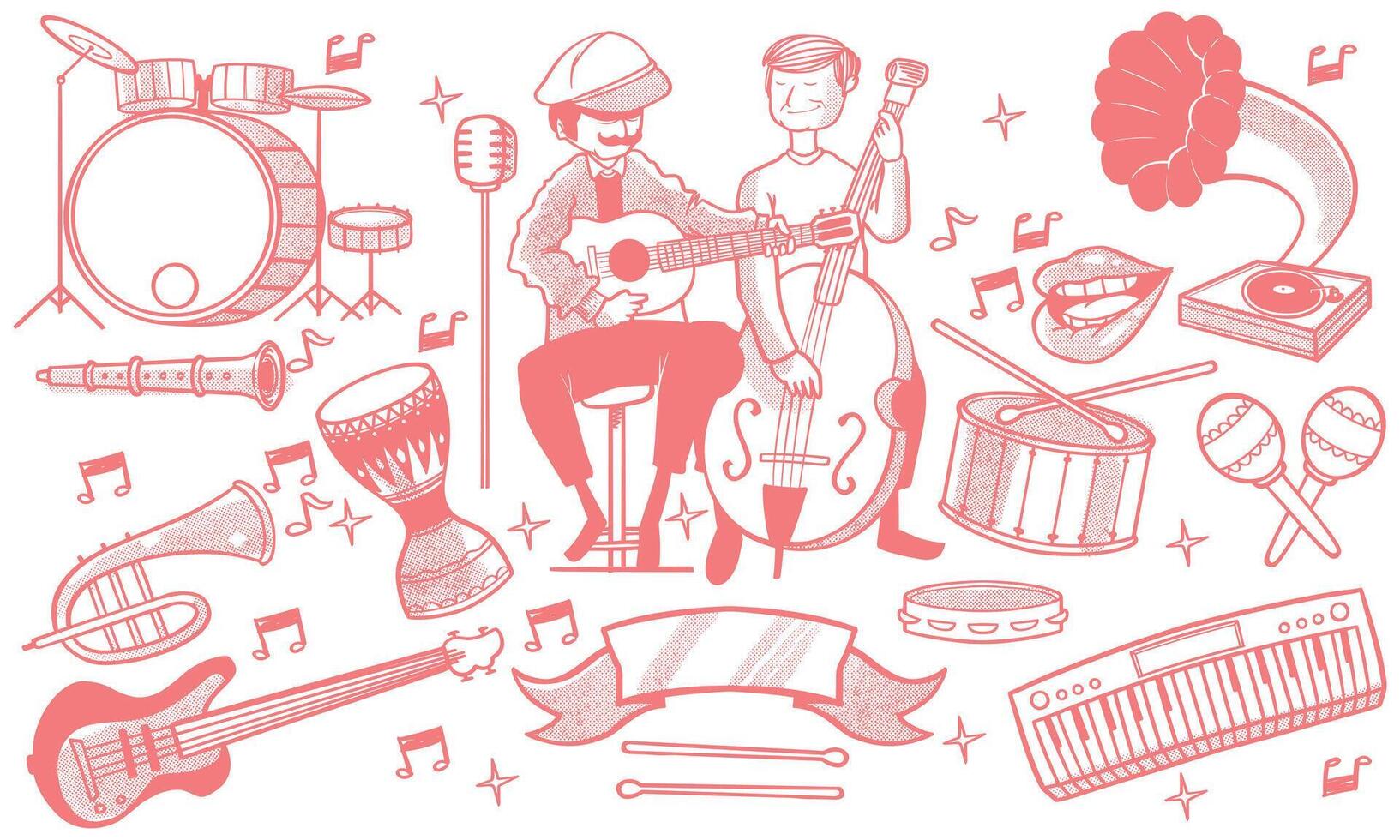 hand drawn set of jazz music doodle set. music instruments in doodle isolated on white background. vector
