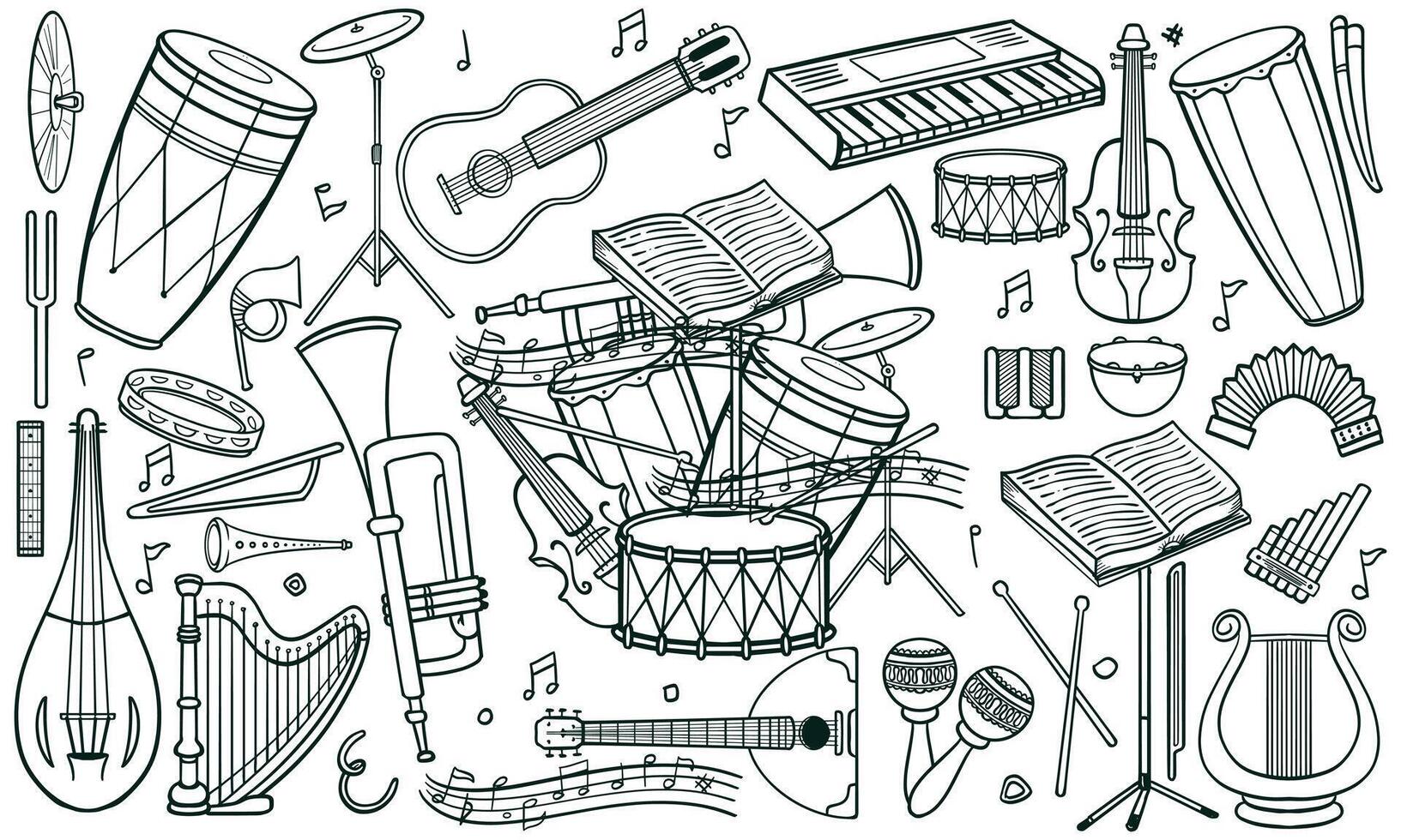 Monochrome hand drawn set of classic and jazz music instruments in doodle style on white background. vector