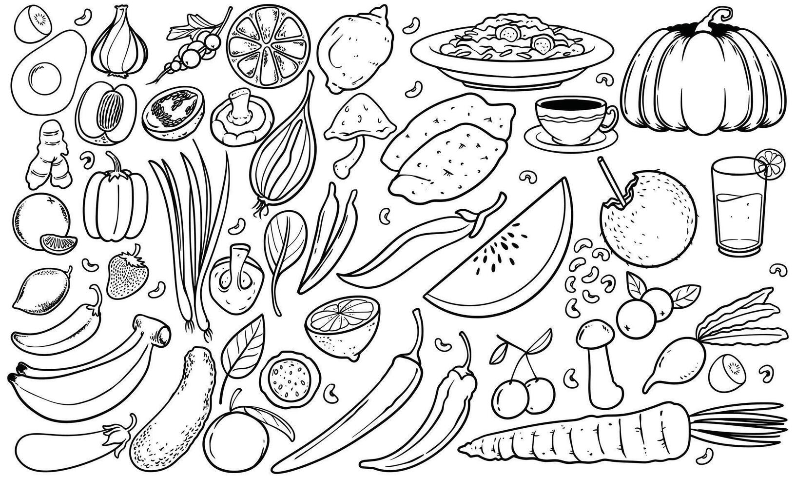 Monochrome Vegetable Doodle Illustration set. Hand drawn set of vegetables isolated on white background. vector