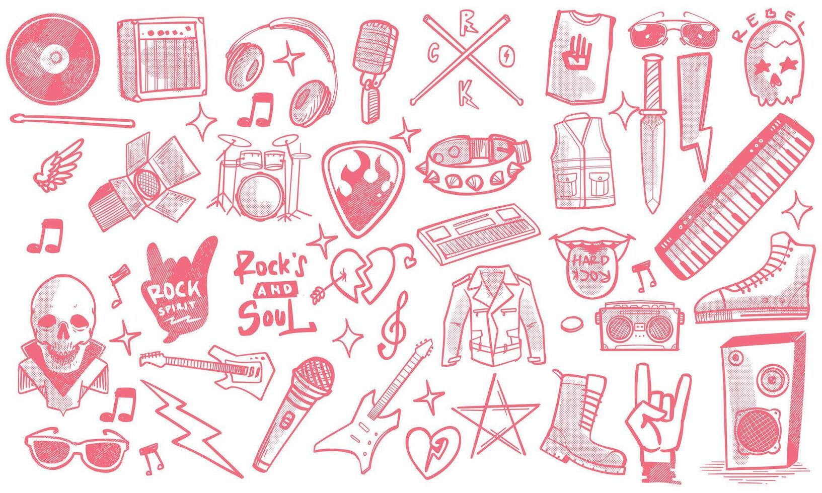 Hand drawn set of rock music doodle music instruments in doodle style isolated on white background. vector