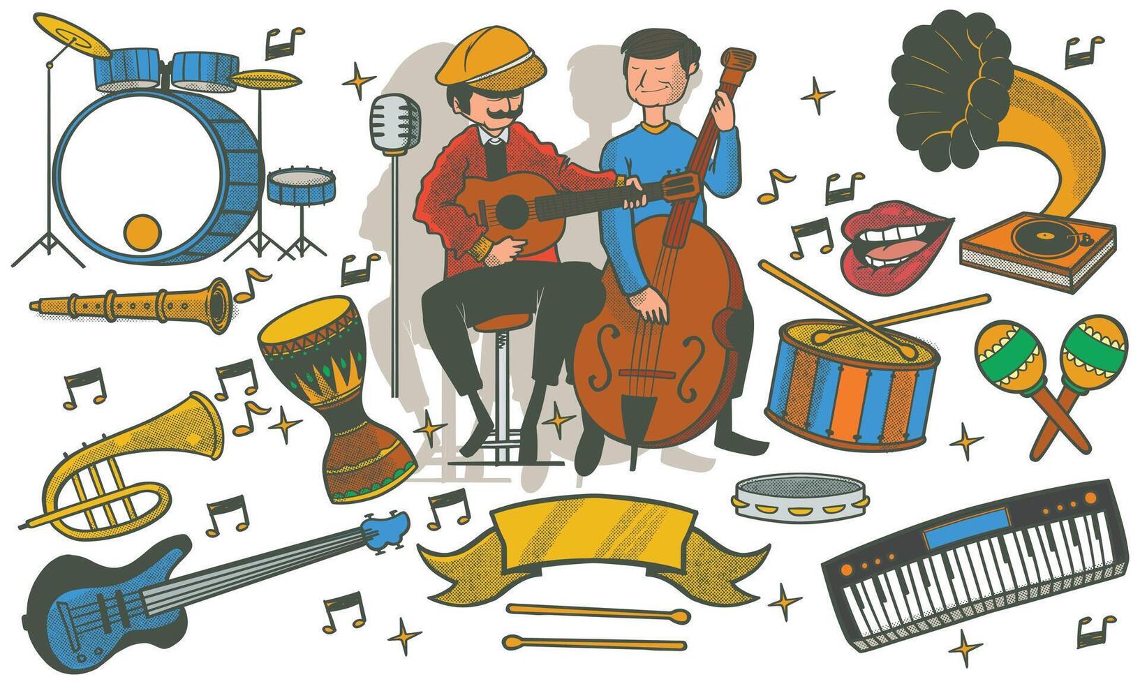 hand drawn set of jazz music doodle set. music instruments in doodle isolated on white background. vector