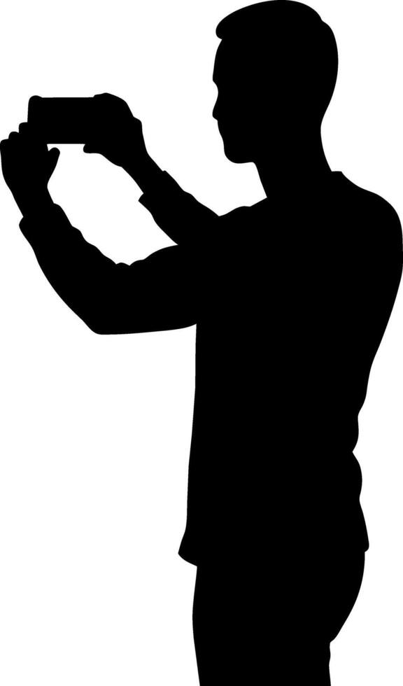 a man taking picture with mobile phone black color silhouette, white background vector