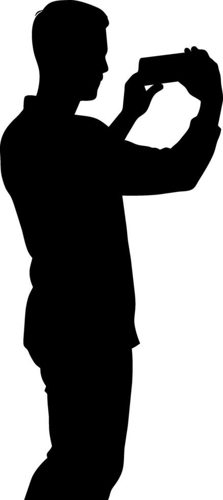 a man taking picture with mobile phone black color silhouette, white background vector
