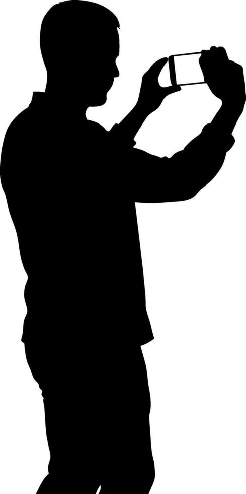a man taking picture with mobile phone black color silhouette, white background vector