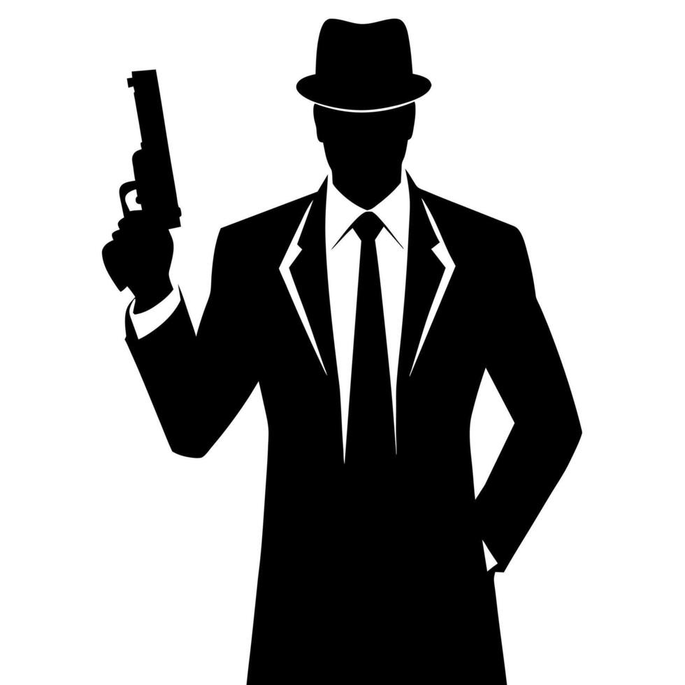 a gangster man shootout with a pistol black color silhouette vector
