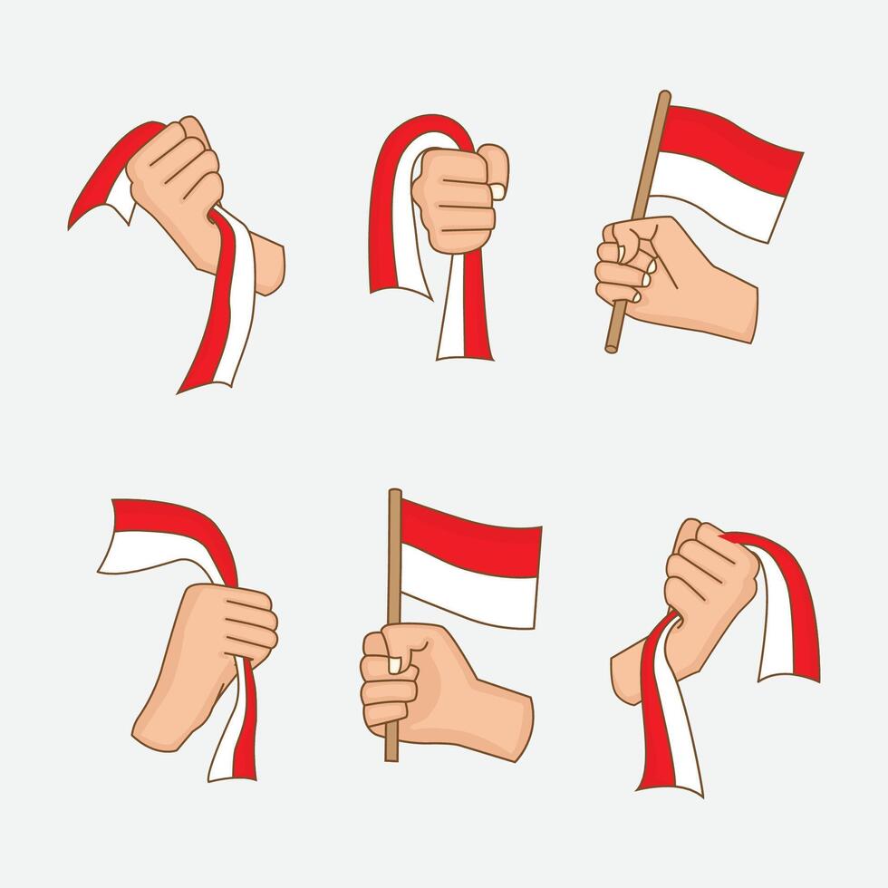illustration for indonesia independence day celebration with flag on hand vector