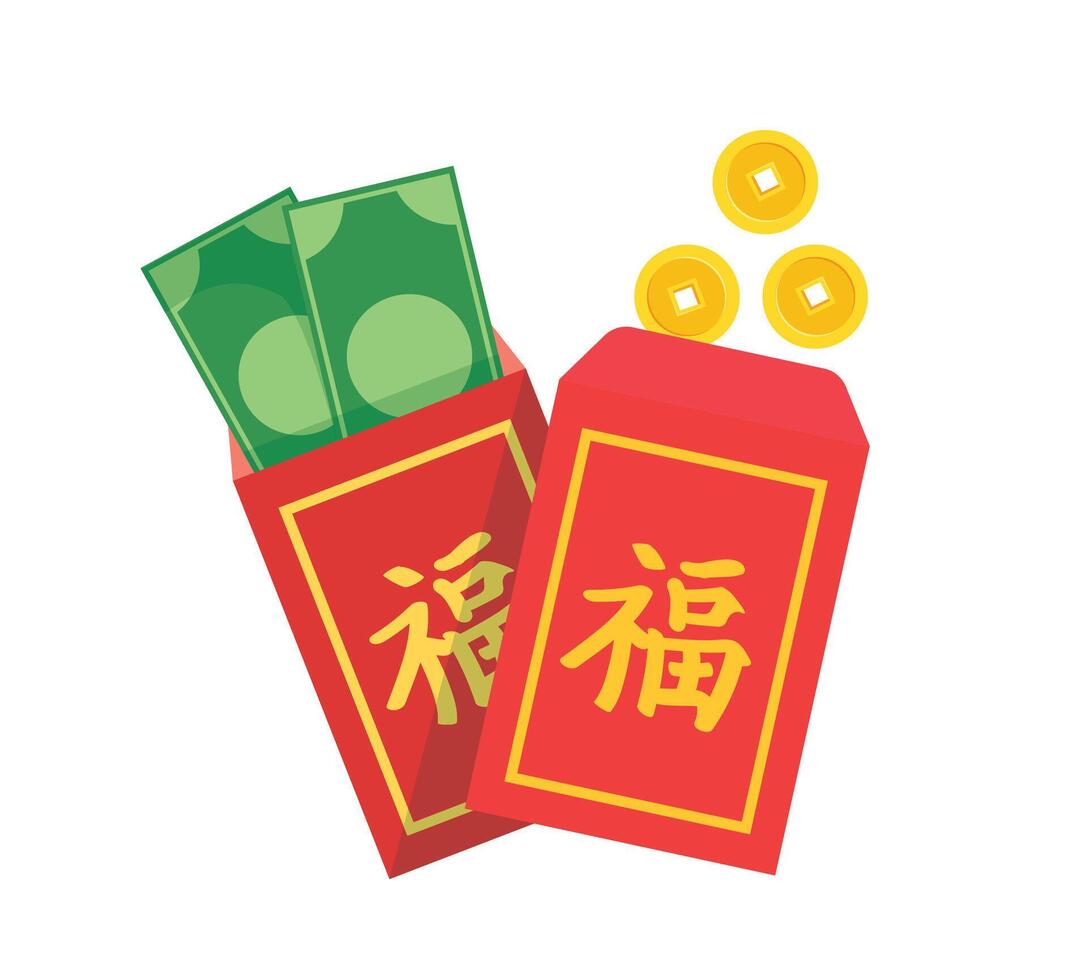 Angpao. Chinese new year with red envelope and gold money vector