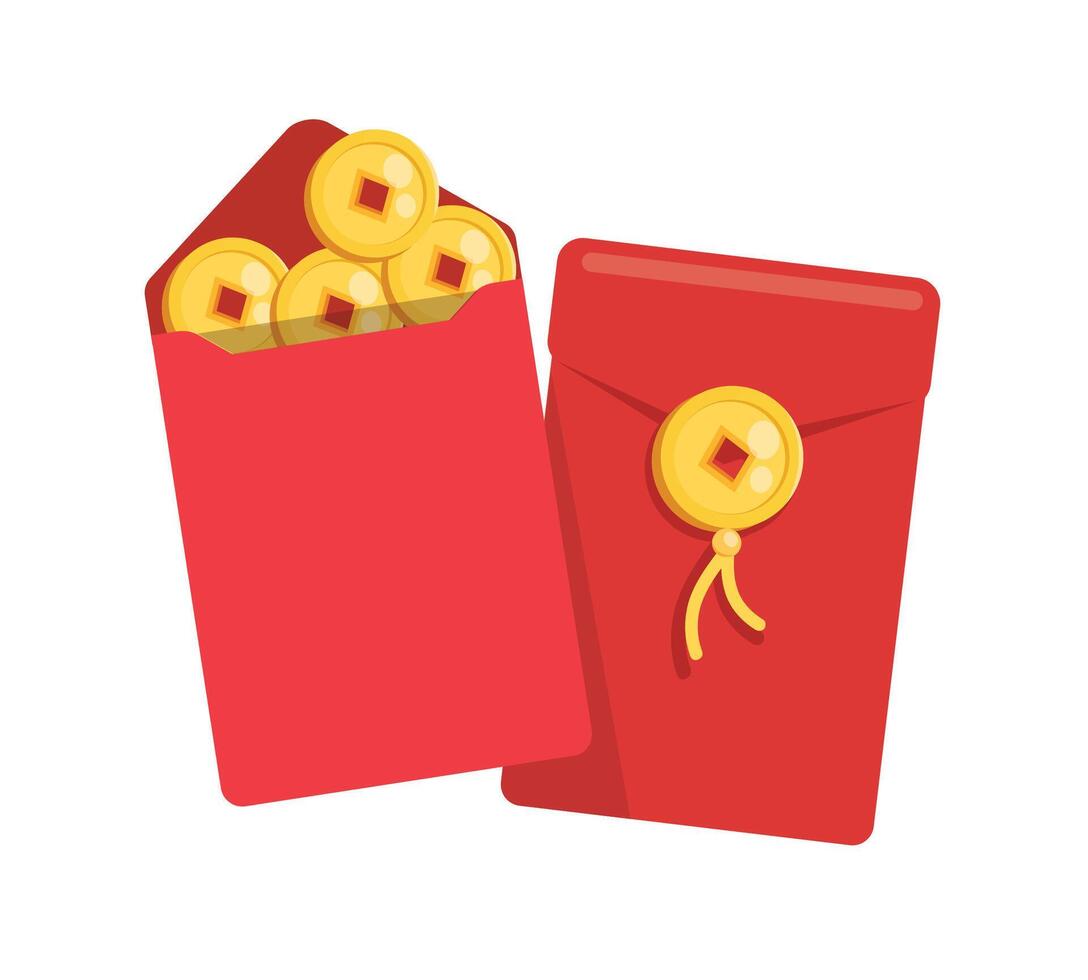 Angpao. Chinese new year with red envelope and gold money vector