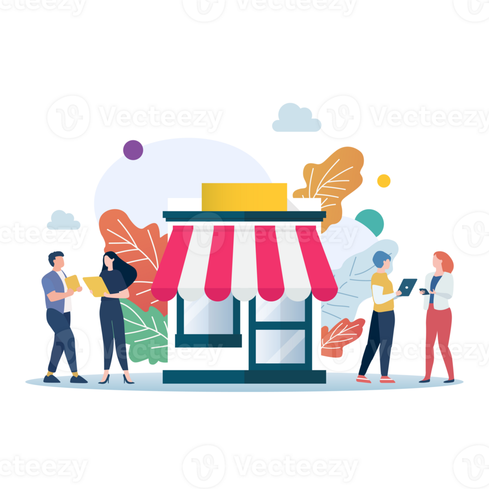 Shop store with business people in flat style business concept. illustration png
