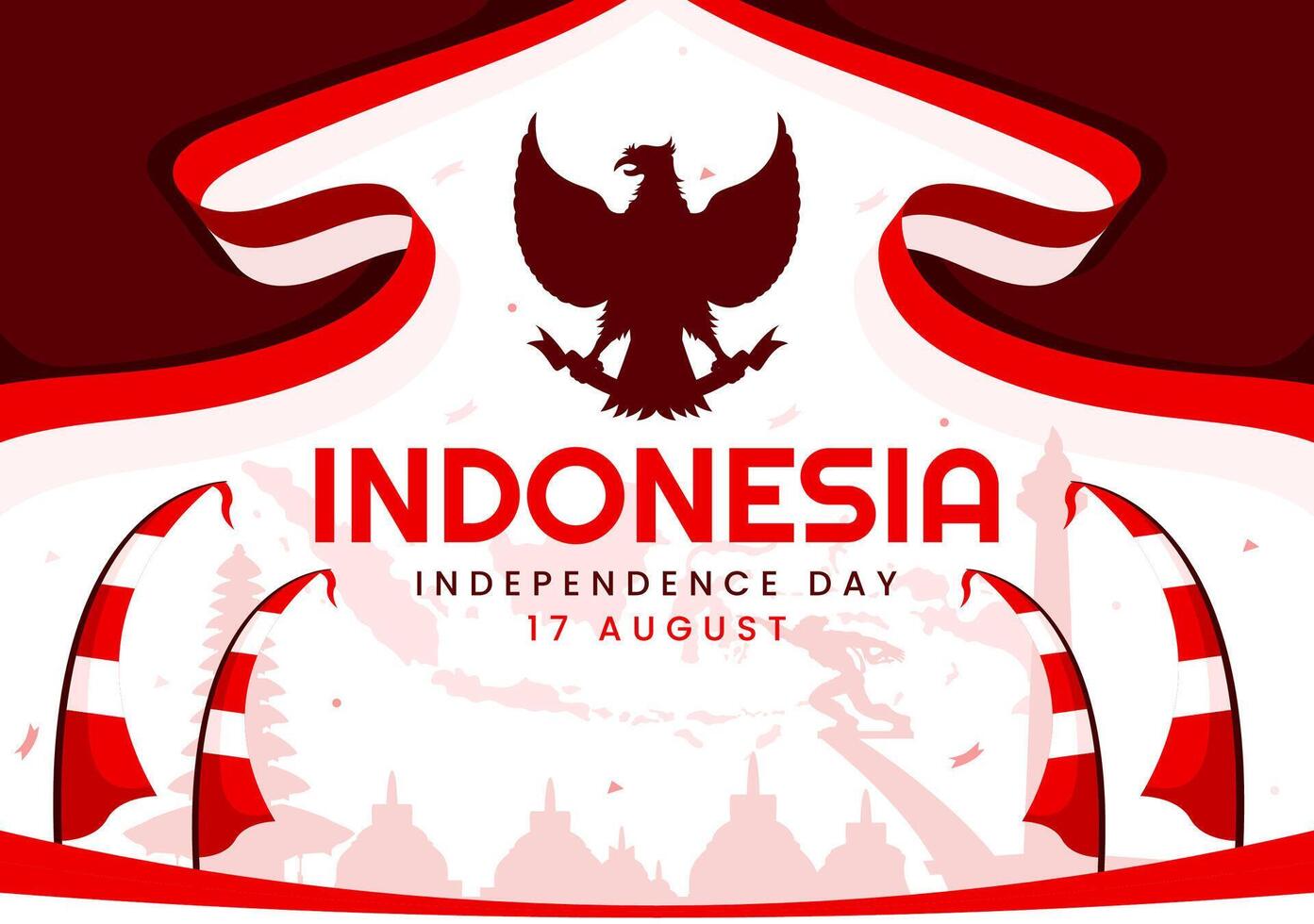 Indonesia Independence Day illustration celebrating 17th August with the Indonesian Flag Raising the Red and White in a Flat Cartoon Background vector