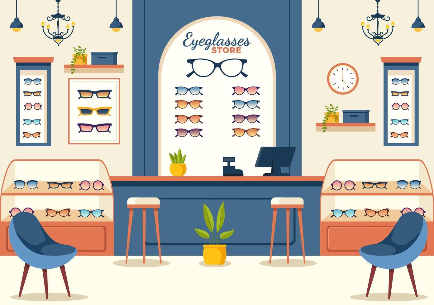 Illustration of an Eyeglasses Store or Optical Shop featuring Accessories, an Optician, Vision Checking, and Eyeglasses in a Flat Background vector