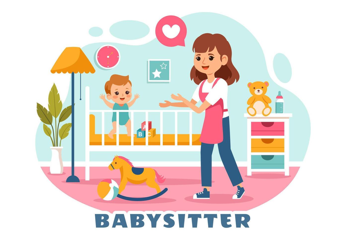 Babysitter or Nanny Services Illustration for Caring for Babies, Providing for Their Needs and Playing with Baby in a Flat Cartoon Background vector