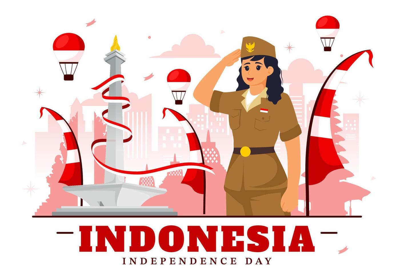 Indonesia Independence Day illustration celebrating 17th August with the Indonesian Flag Raising the Red and White in a Flat Cartoon Background vector
