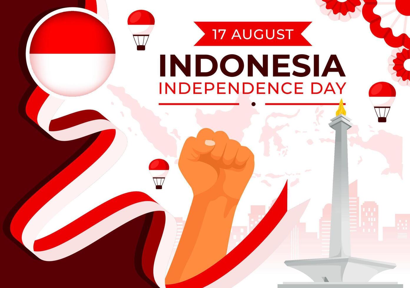 Indonesia Independence Day illustration celebrating 17th August with the Indonesian Flag Raising the Red and White in a Flat Cartoon Background vector