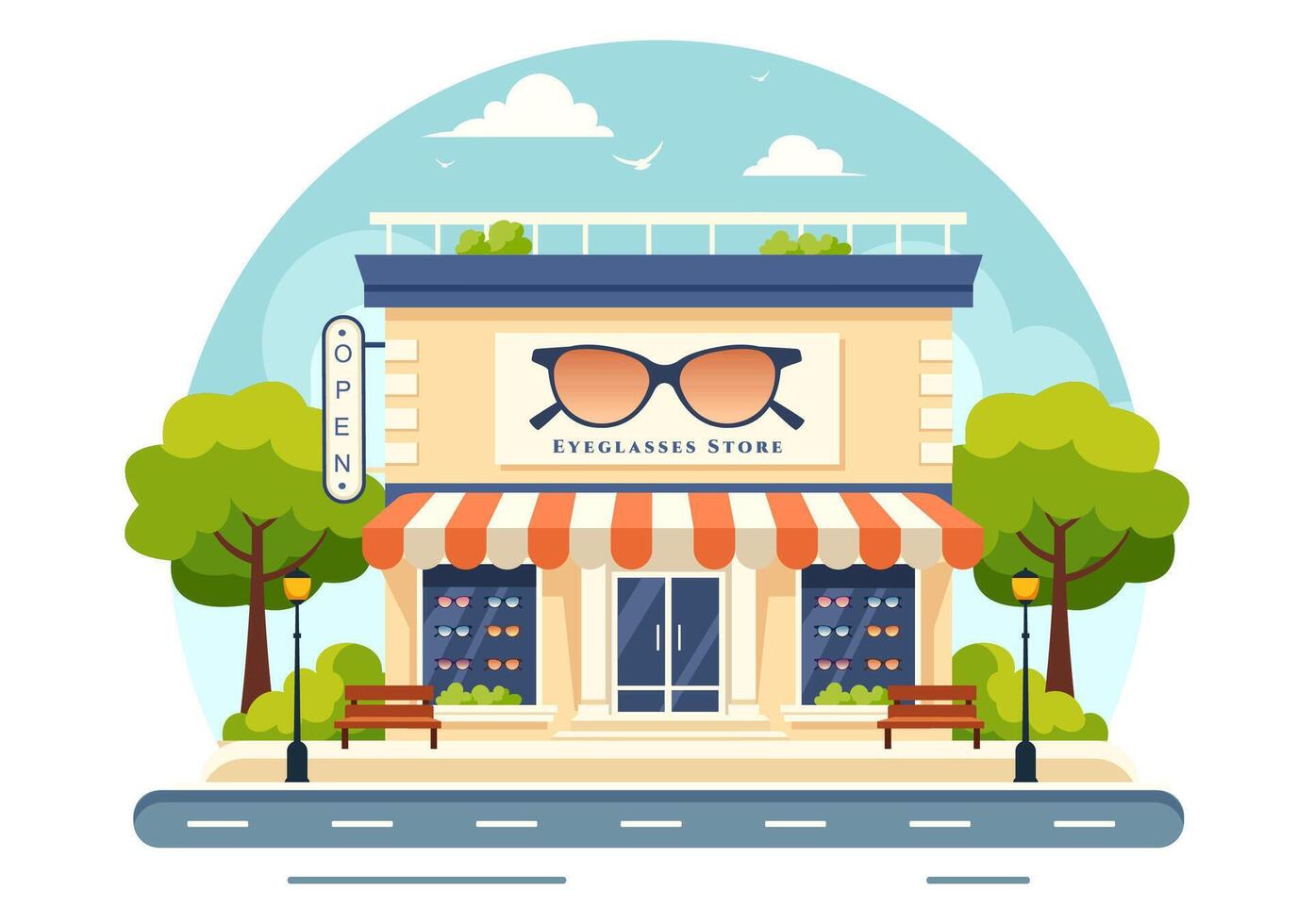 Illustration of an Eyeglasses Store or Optical Shop featuring Accessories, an Optician, Vision Checking, and Eyeglasses in a Flat Background vector