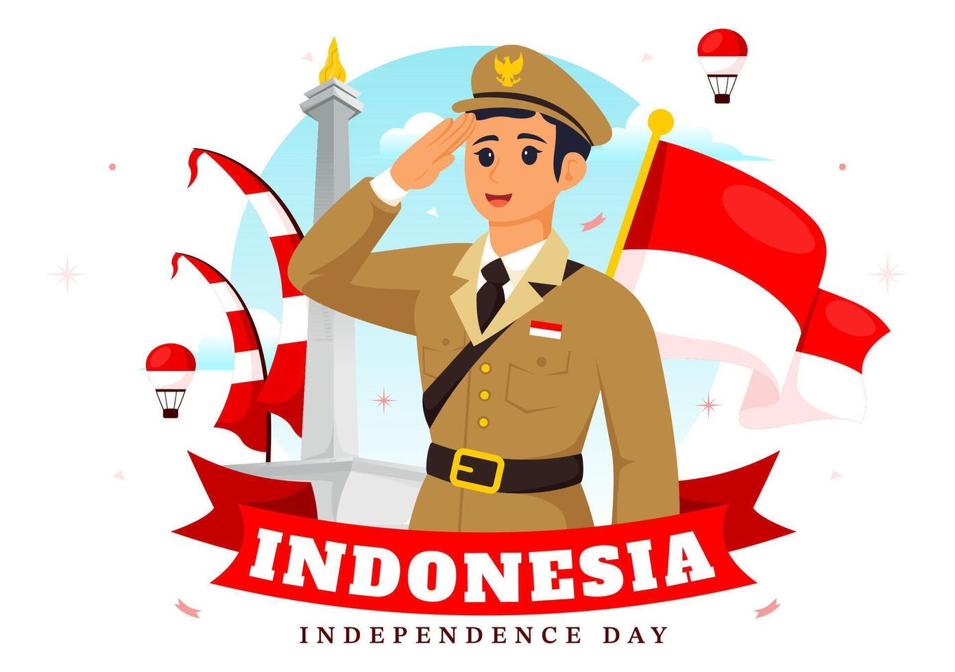 Indonesia Independence Day illustration celebrating 17th August with the Indonesian Flag Raising the Red and White in a Flat Cartoon Background vector