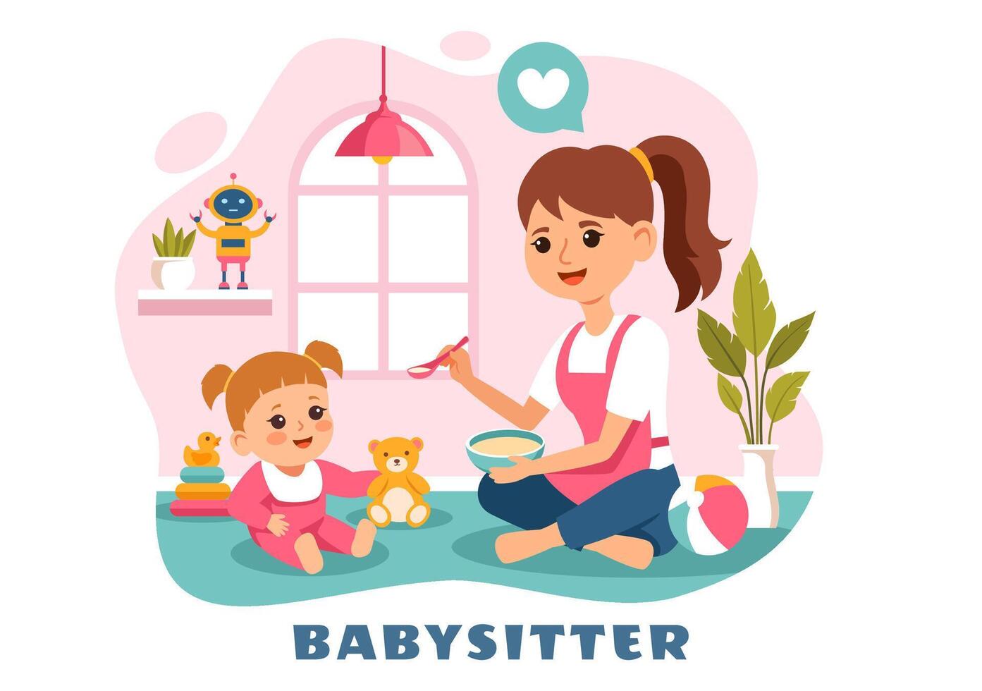 Babysitter or Nanny Services Illustration for Caring for Babies, Providing for Their Needs and Playing with Baby in a Flat Cartoon Background vector