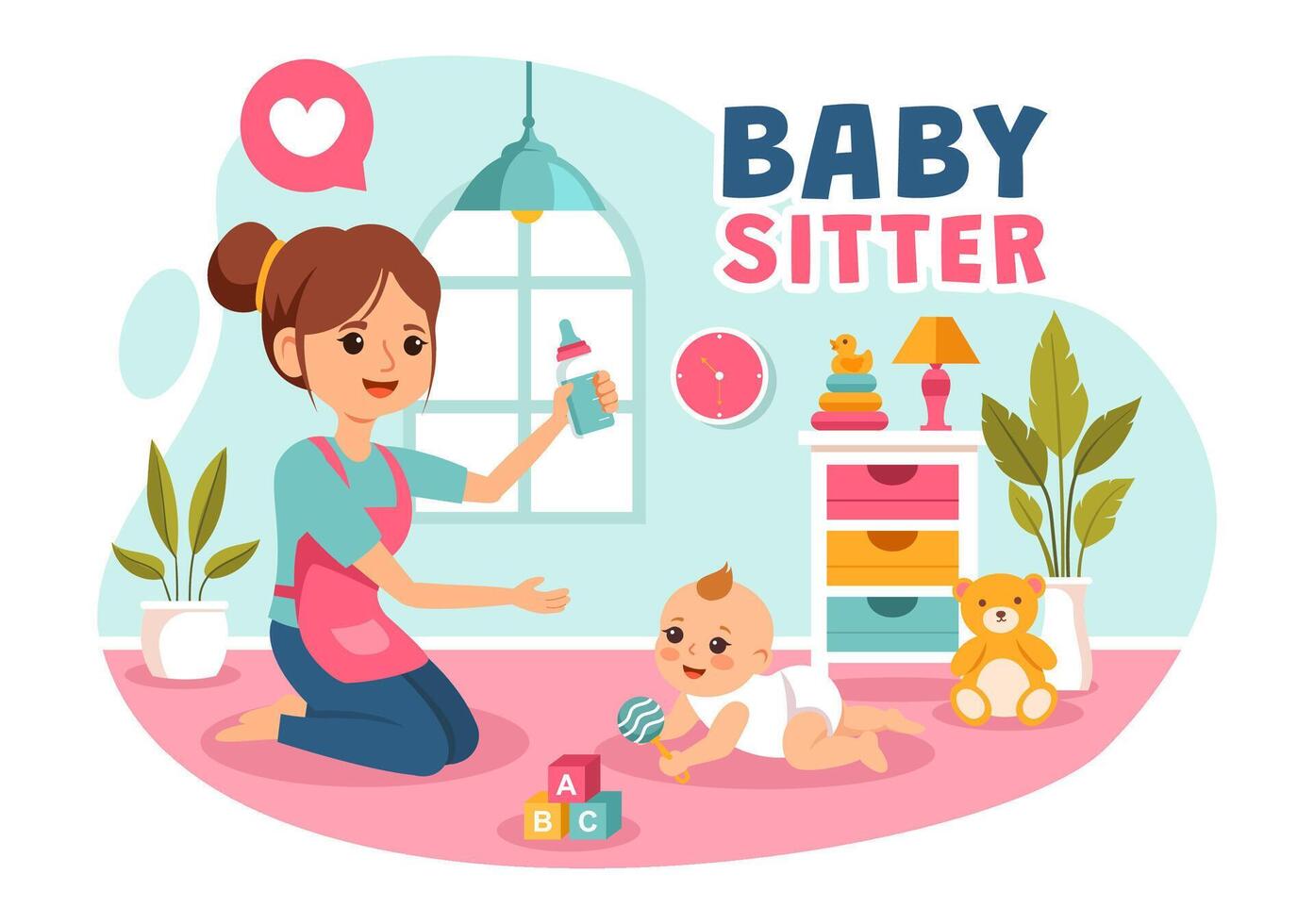Babysitter or Nanny Services Illustration for Caring for Babies, Providing for Their Needs and Playing with Baby in a Flat Cartoon Background vector