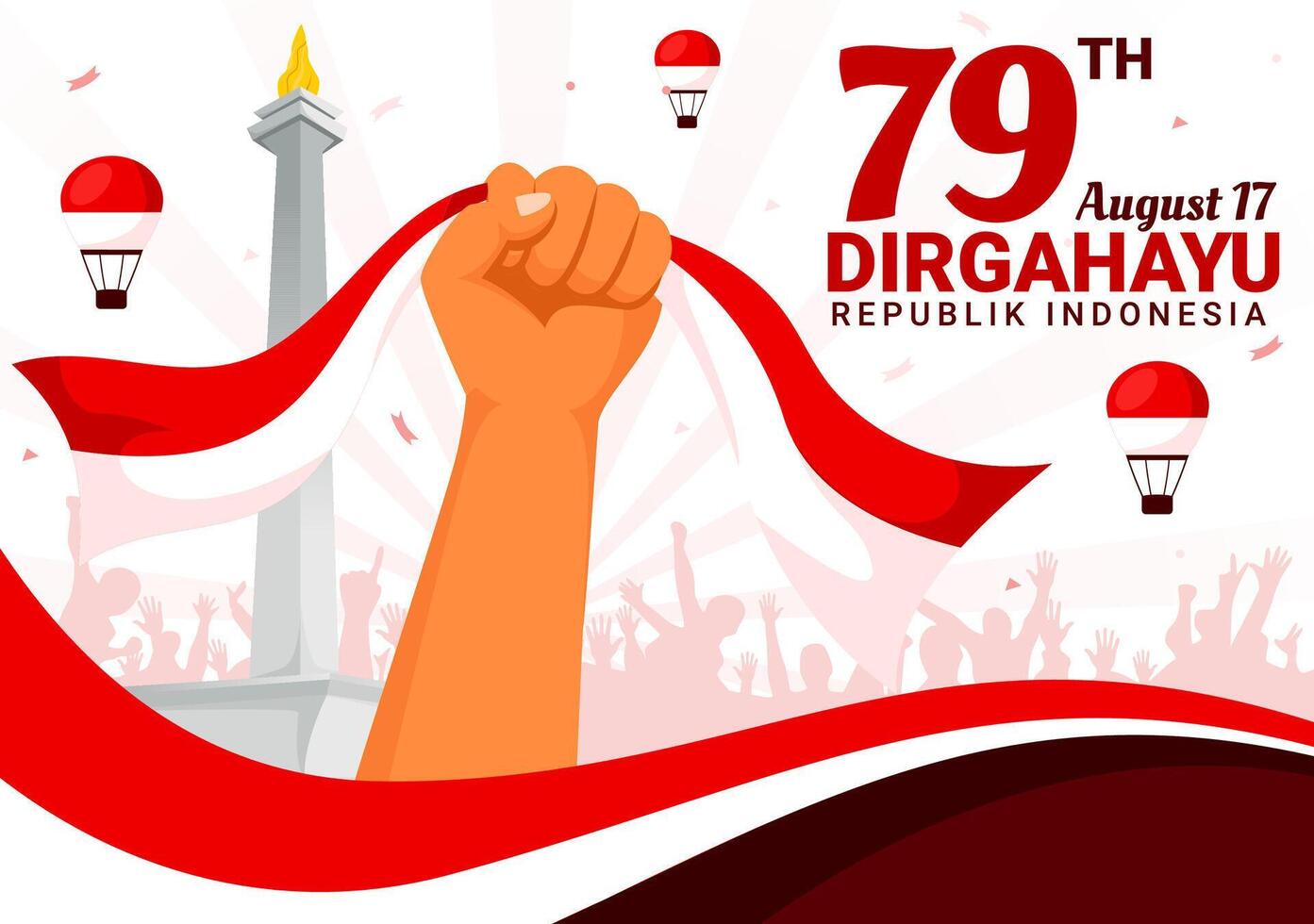 Indonesia Independence Day illustration celebrating 17th August with the Indonesian Flag Raising the Red and White in a Flat Cartoon Background vector