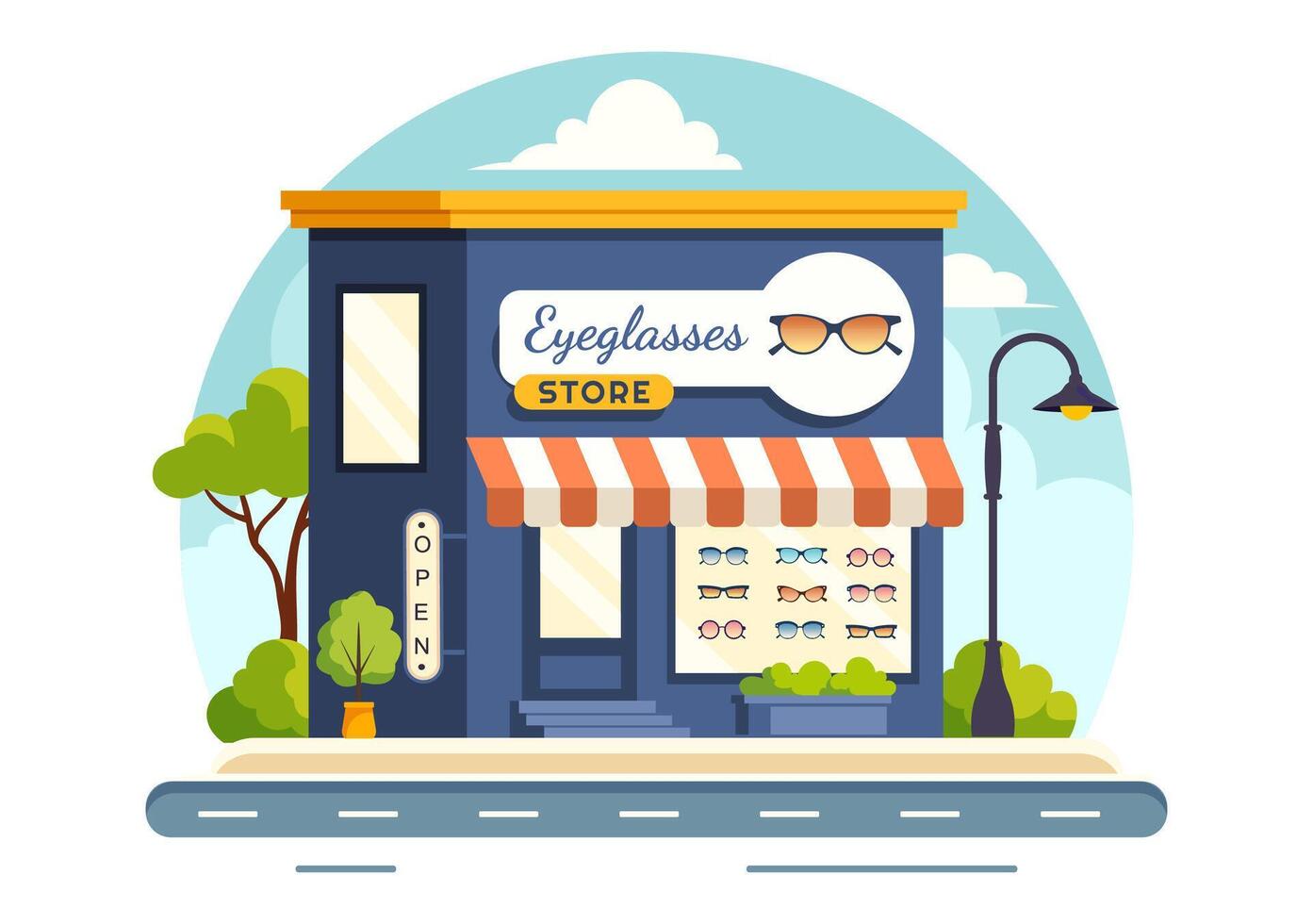 Illustration of an Eyeglasses Store or Optical Shop featuring Accessories, an Optician, Vision Checking, and Eyeglasses in a Flat Background vector
