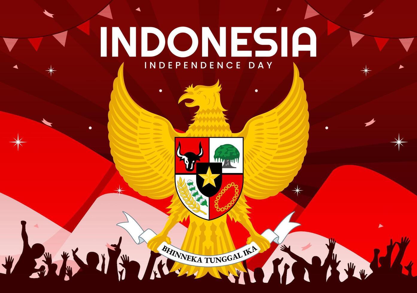 Indonesia Independence Day illustration celebrating 17th August with the Indonesian Flag Raising the Red and White in a Flat Cartoon Background vector