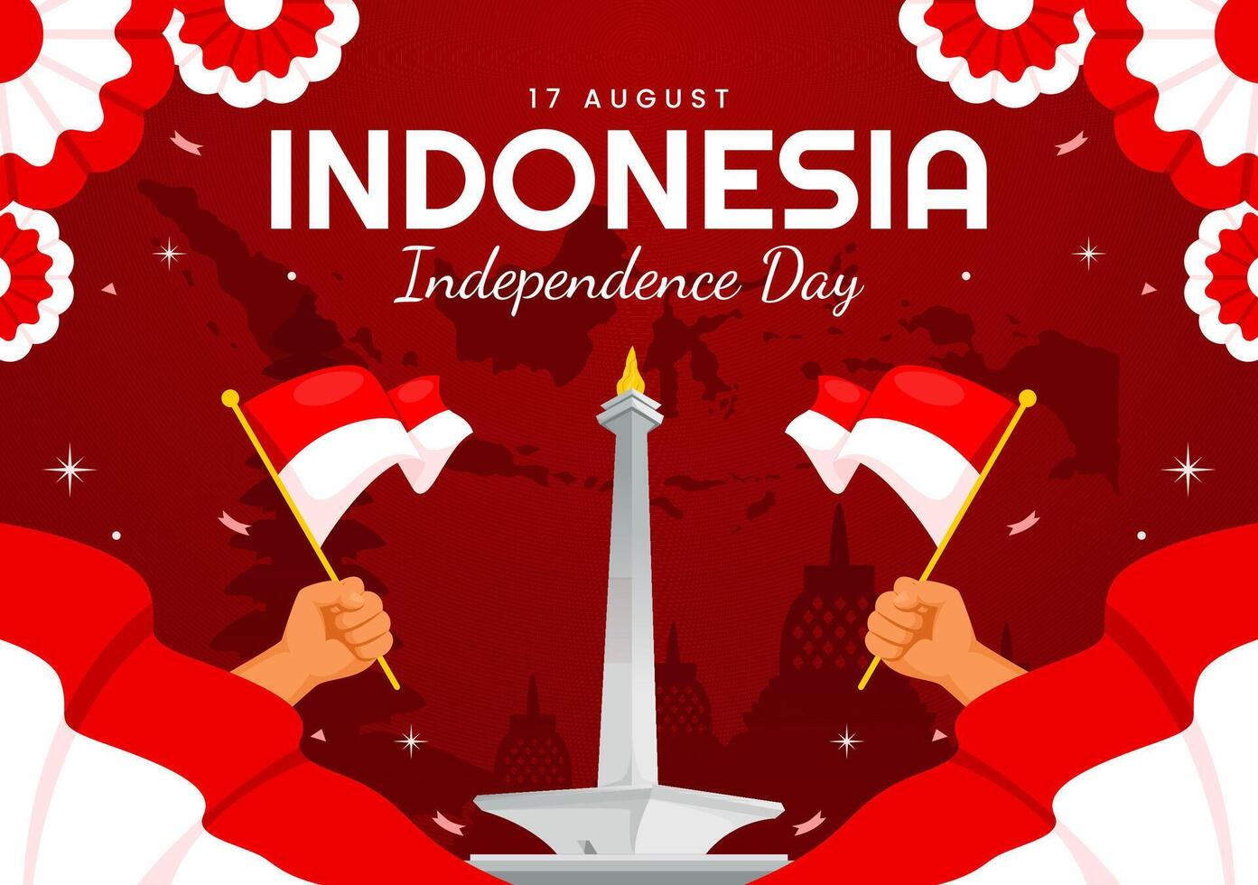 Indonesia Independence Day illustration celebrating 17th August with the Indonesian Flag Raising the Red and White in a Flat Cartoon Background vector