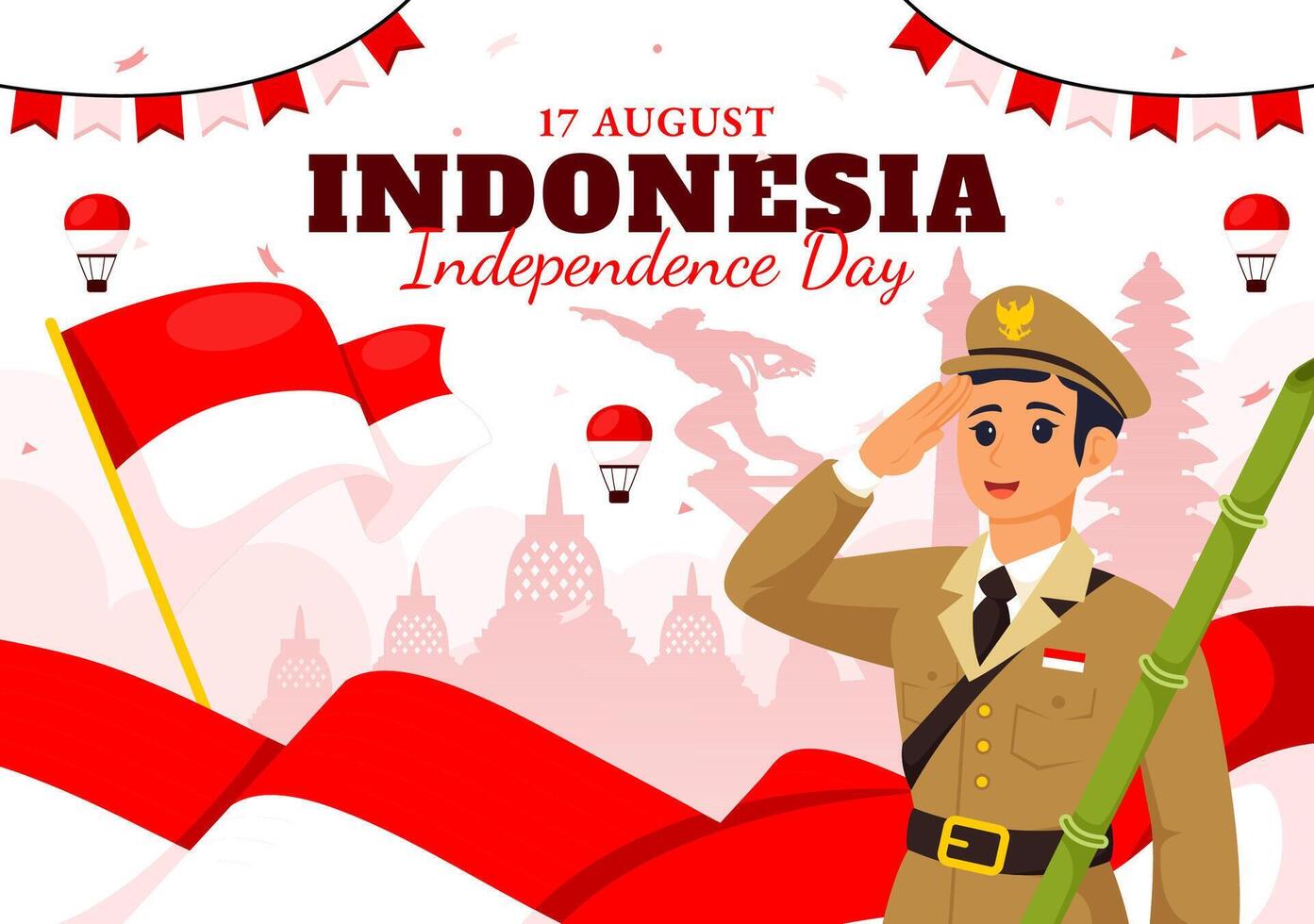 Indonesia Independence Day illustration celebrating 17th August with the Indonesian Flag Raising the Red and White in a Flat Cartoon Background vector