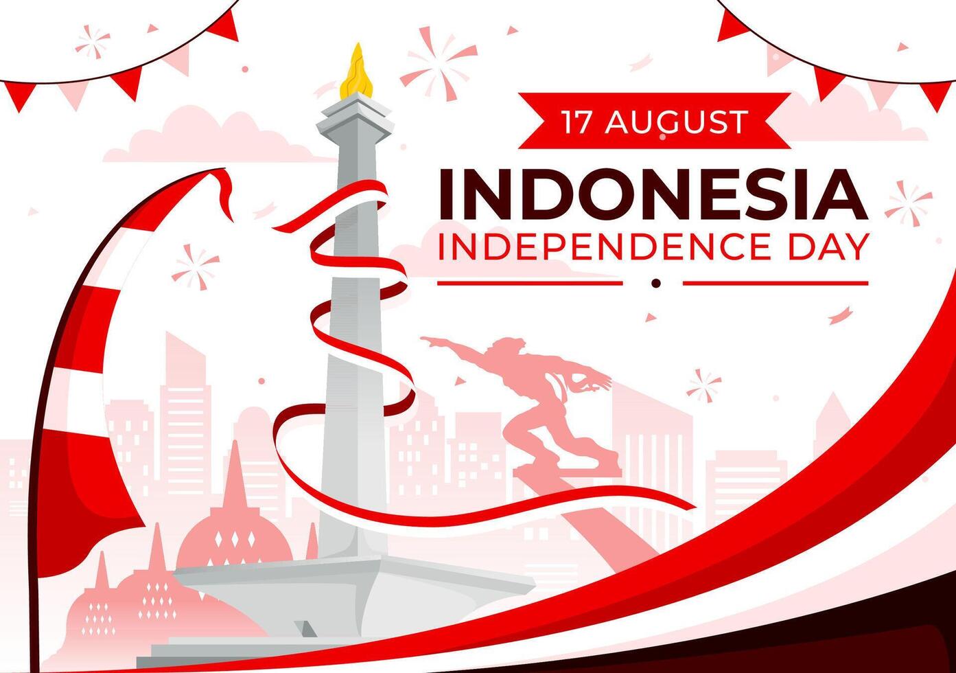 Indonesia Independence Day illustration celebrating 17th August with the Indonesian Flag Raising the Red and White in a Flat Cartoon Background vector