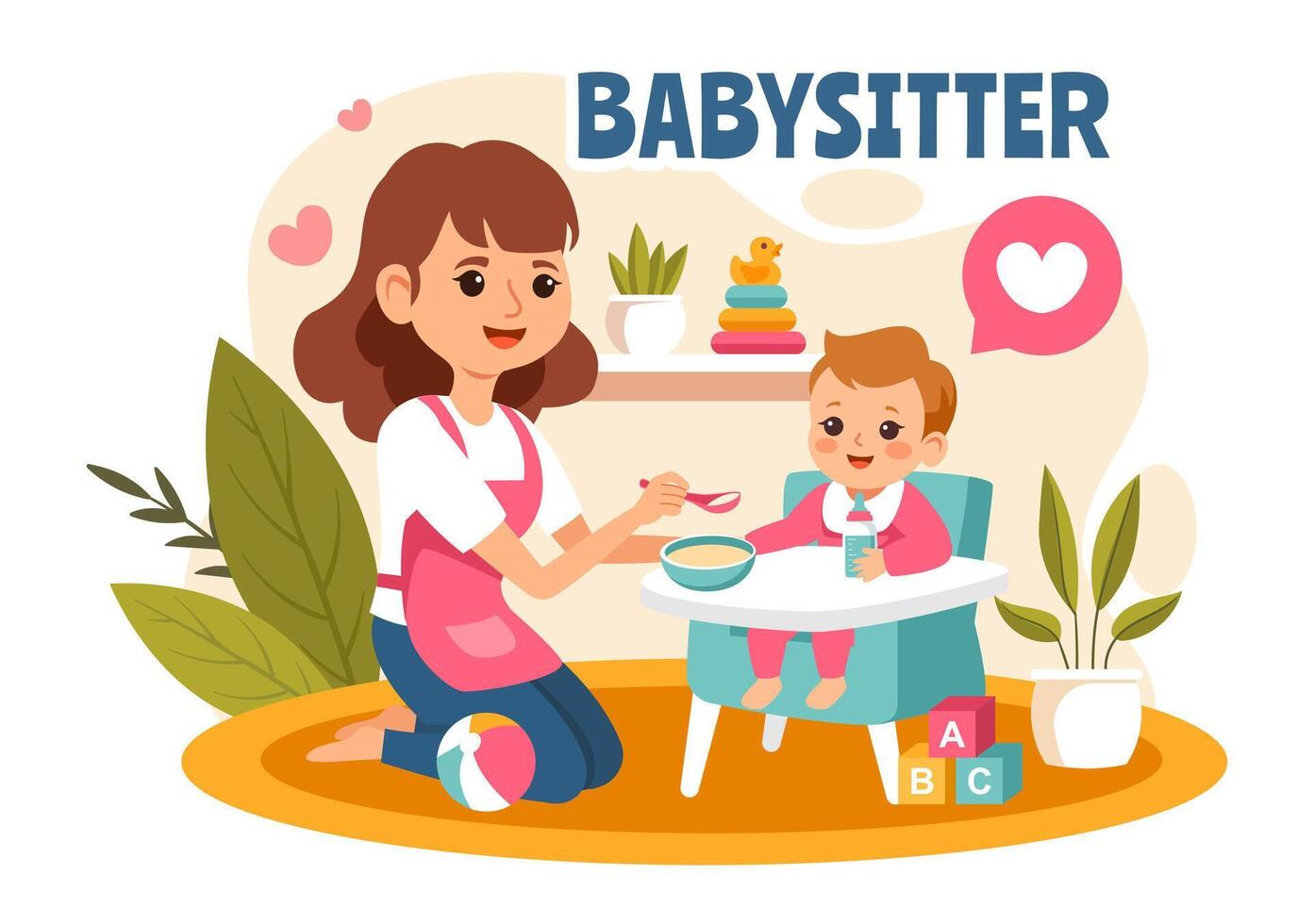 Babysitter or Nanny Services Illustration for Caring for Babies, Providing for Their Needs and Playing with Baby in a Flat Cartoon Background vector