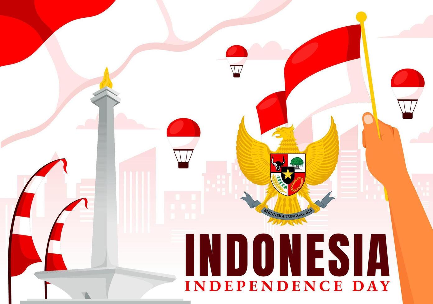Indonesia Independence Day illustration celebrating 17th August with the Indonesian Flag Raising the Red and White in a Flat Cartoon Background vector