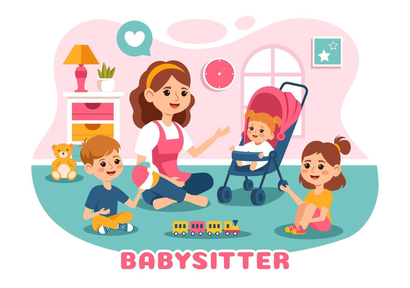 Babysitter or Nanny Services Illustration for Caring for Babies, Providing for Their Needs and Playing with Baby in a Flat Cartoon Background vector
